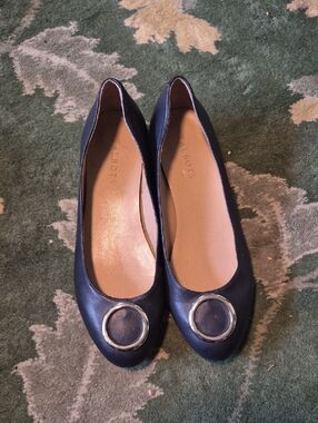 Talbots Navy Leather Ballet Flats with Silver-Tone Ring Accent